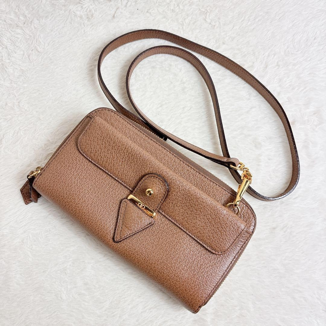 Valentino Shoulder Wallet Bag Purse Logo Leather Brown Authentic