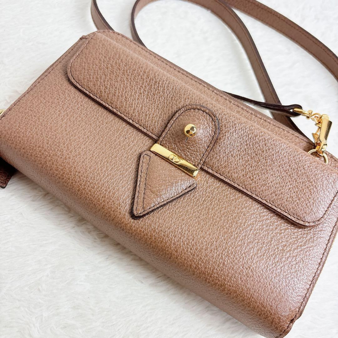 Valentino Shoulder Wallet Bag Purse Logo Leather Brown Authentic
