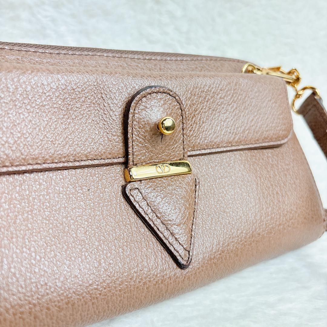 Valentino Shoulder Wallet Bag Purse Logo Leather Brown Authentic