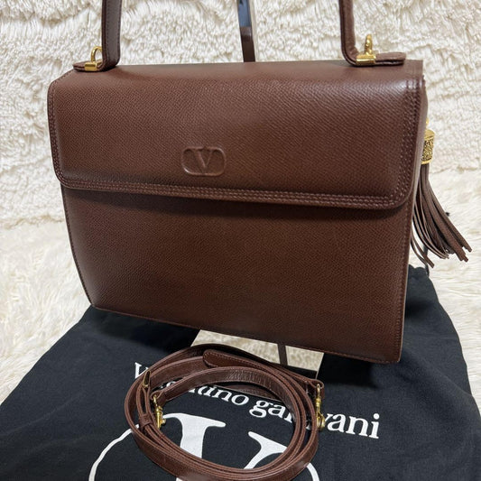 Valentino Garavani Hand Shoulder Bag Tote Purse 2way Logo Leather Brown Auth
