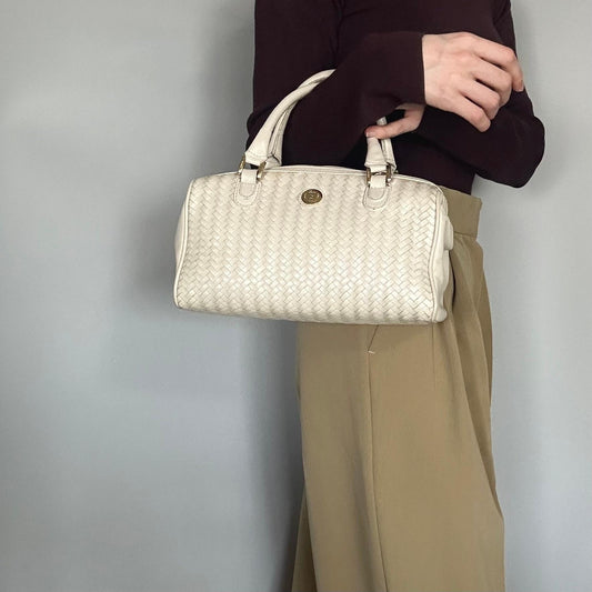 FENDI Bag FF Boston Hand Tote Purse   Leather White Gold Used Authentic