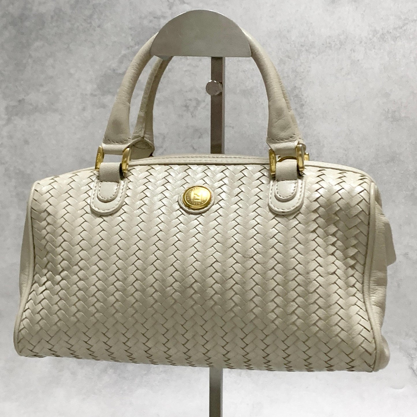 FENDI Bag FF Boston Hand Tote Purse   Leather White Gold Used Authentic