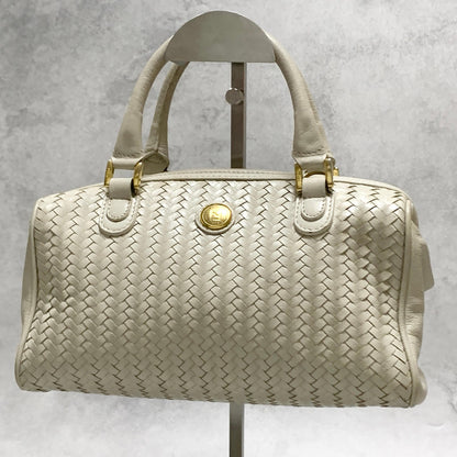 FENDI Bag FF Boston Hand Tote Purse   Leather White Gold Used Authentic