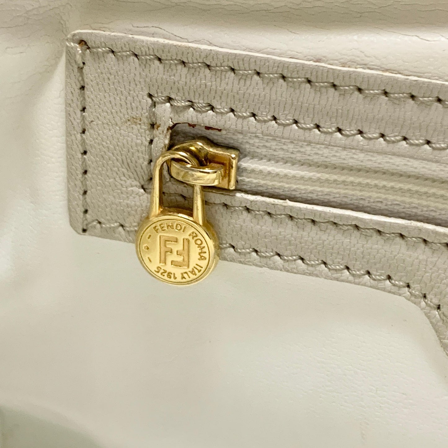 FENDI Bag FF Boston Hand Tote Purse   Leather White Gold Used Authentic