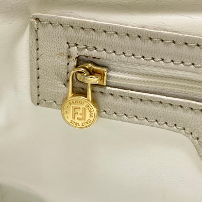 FENDI Bag FF Boston Hand Tote Purse   Leather White Gold Used Authentic