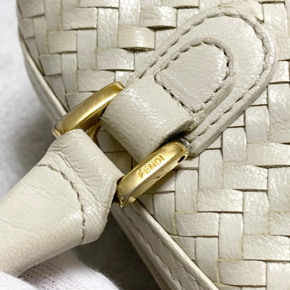 FENDI Bag FF Boston Hand Tote Purse   Leather White Gold Used Authentic
