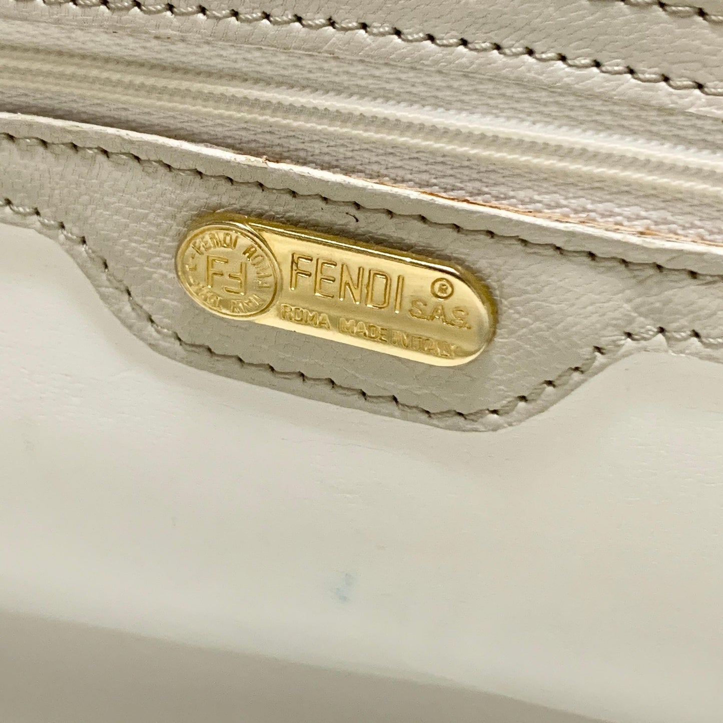 FENDI Bag FF Boston Hand Tote Purse   Leather White Gold Used Authentic