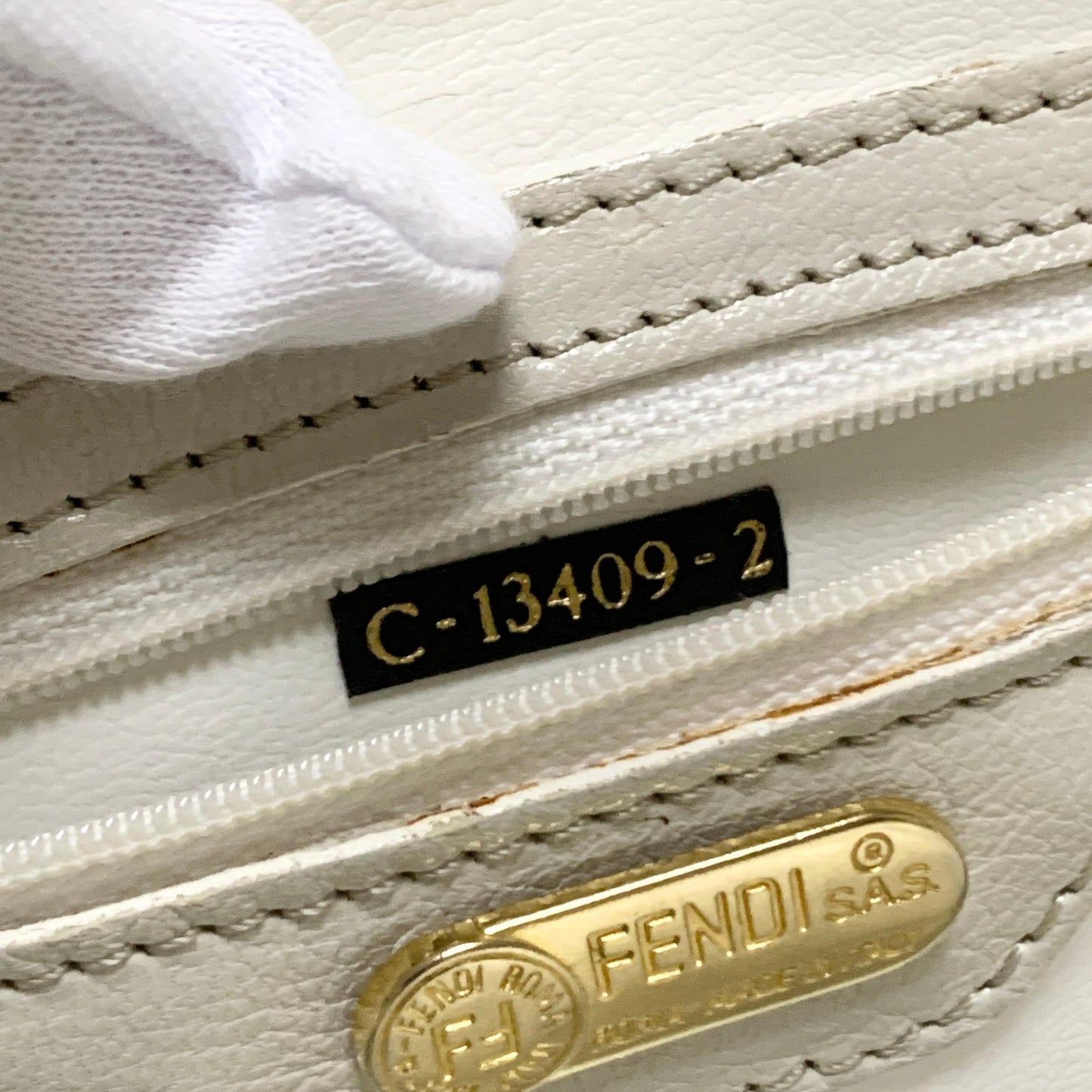 FENDI Bag FF Boston Hand Tote Purse   Leather White Gold Used Authentic