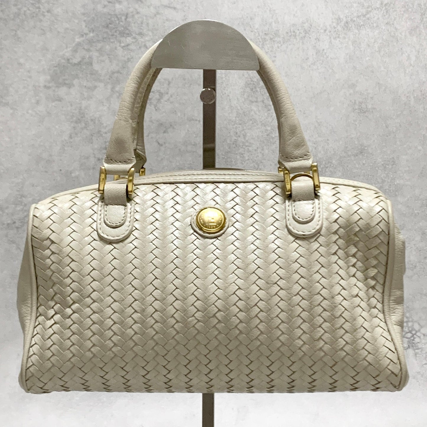FENDI Bag FF Boston Hand Tote Purse   Leather White Gold Used Authentic
