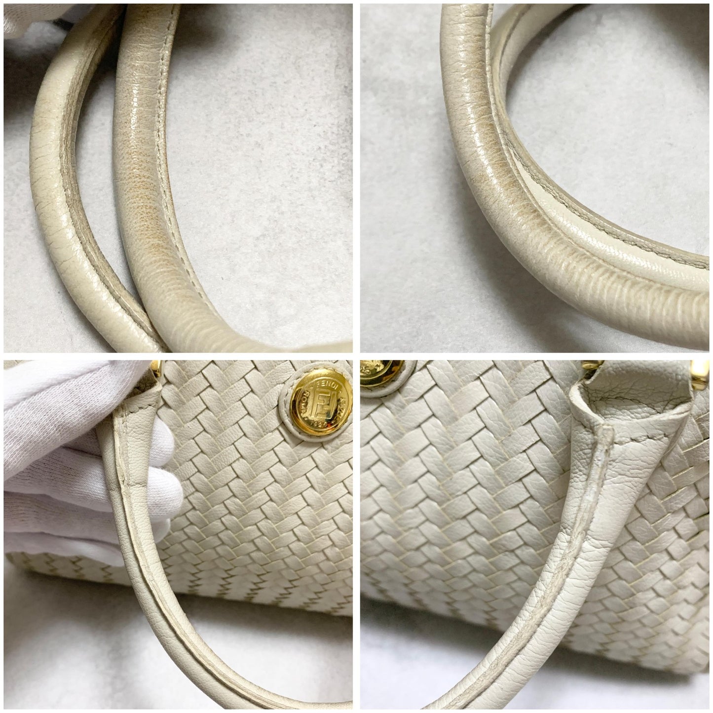 FENDI Bag FF Boston Hand Tote Purse   Leather White Gold Used Authentic