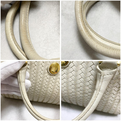 FENDI Bag FF Boston Hand Tote Purse   Leather White Gold Used Authentic