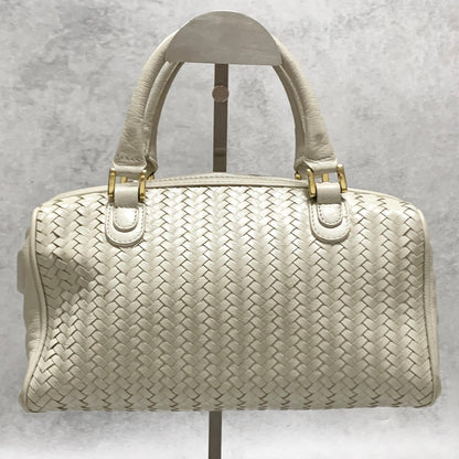 FENDI Bag FF Boston Hand Tote Purse   Leather White Gold Used Authentic