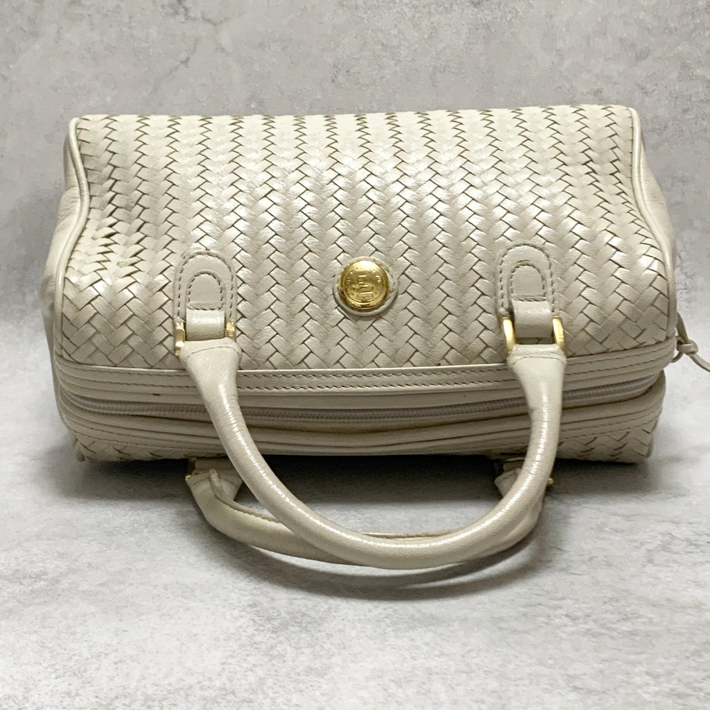 FENDI Bag FF Boston Hand Tote Purse   Leather White Gold Used Authentic