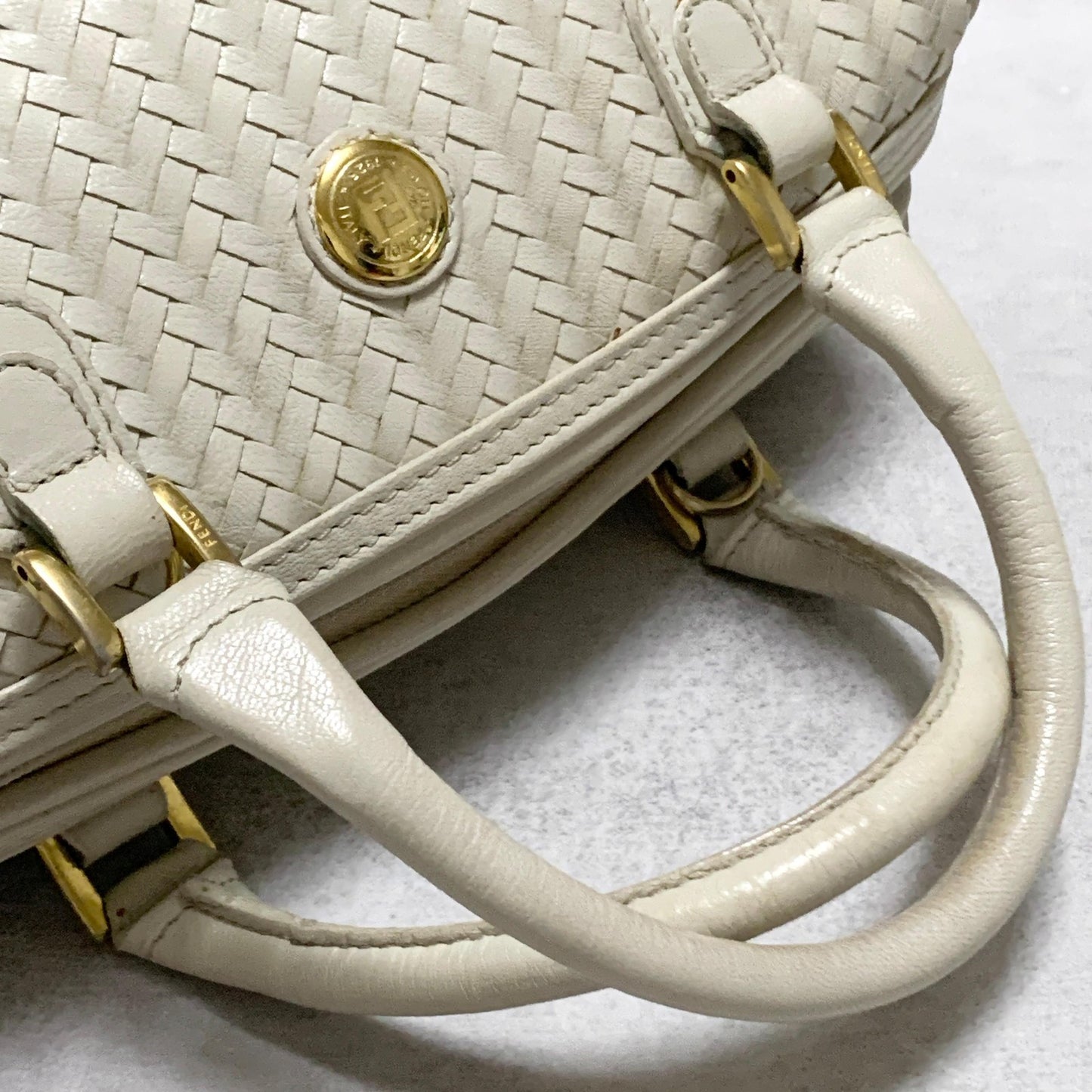 FENDI Bag FF Boston Hand Tote Purse   Leather White Gold Used Authentic