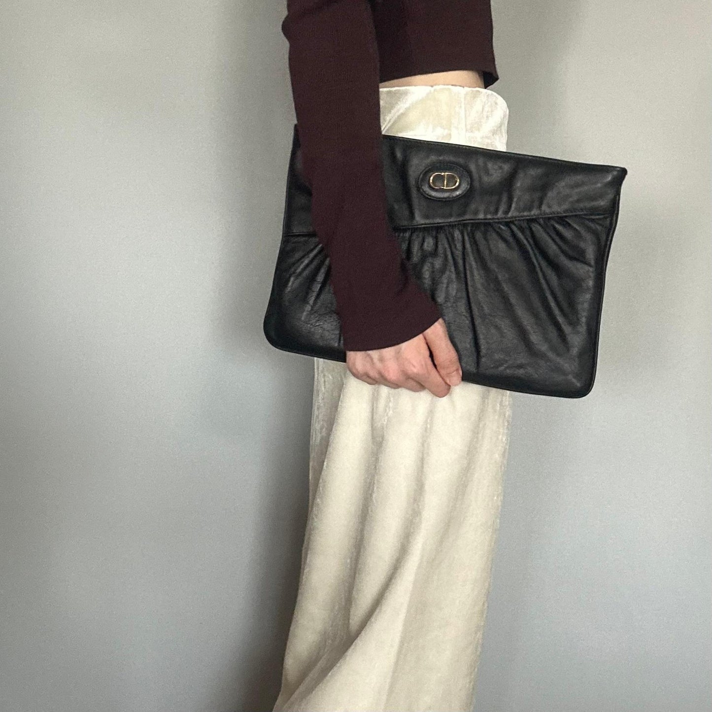 Christian Dior Bag CD Clutch Purse Hand Leather Black Gold Used Authentic