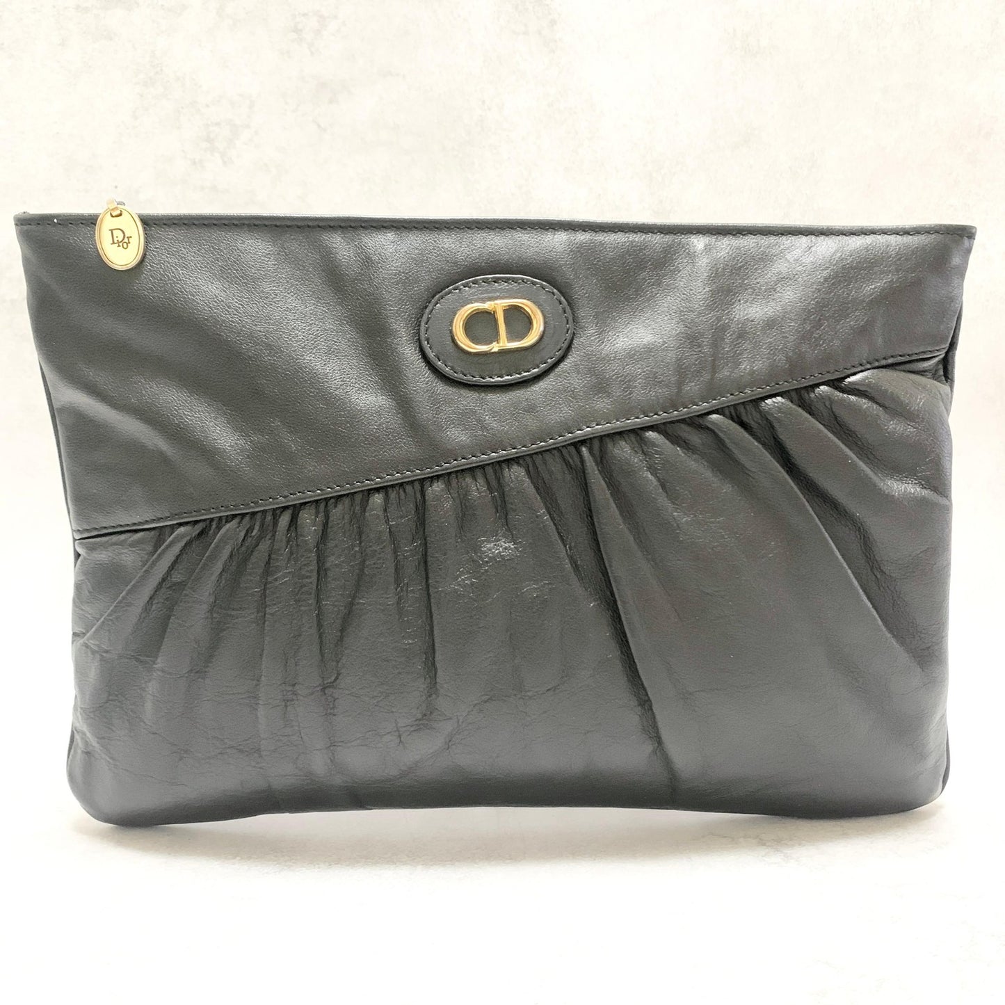 Christian Dior Bag CD Clutch Purse Hand Leather Black Gold Used Authentic