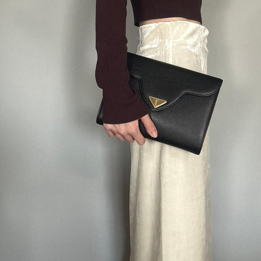 Saint Laurent Bag YSL Cassandra Clutch Purse Hand Leather Black Gold Authentic