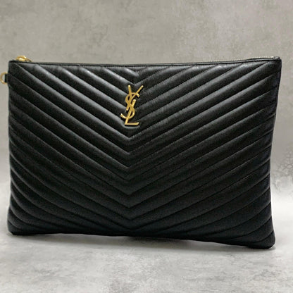 Saint Laurent Bag YSL Cassandra Quilted Clutch Purse Hand Black Leather Gold