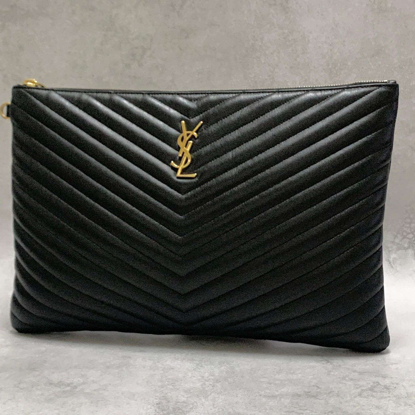 Saint Laurent Bag YSL Cassandra Quilted Clutch Purse Hand Black Leather Gold