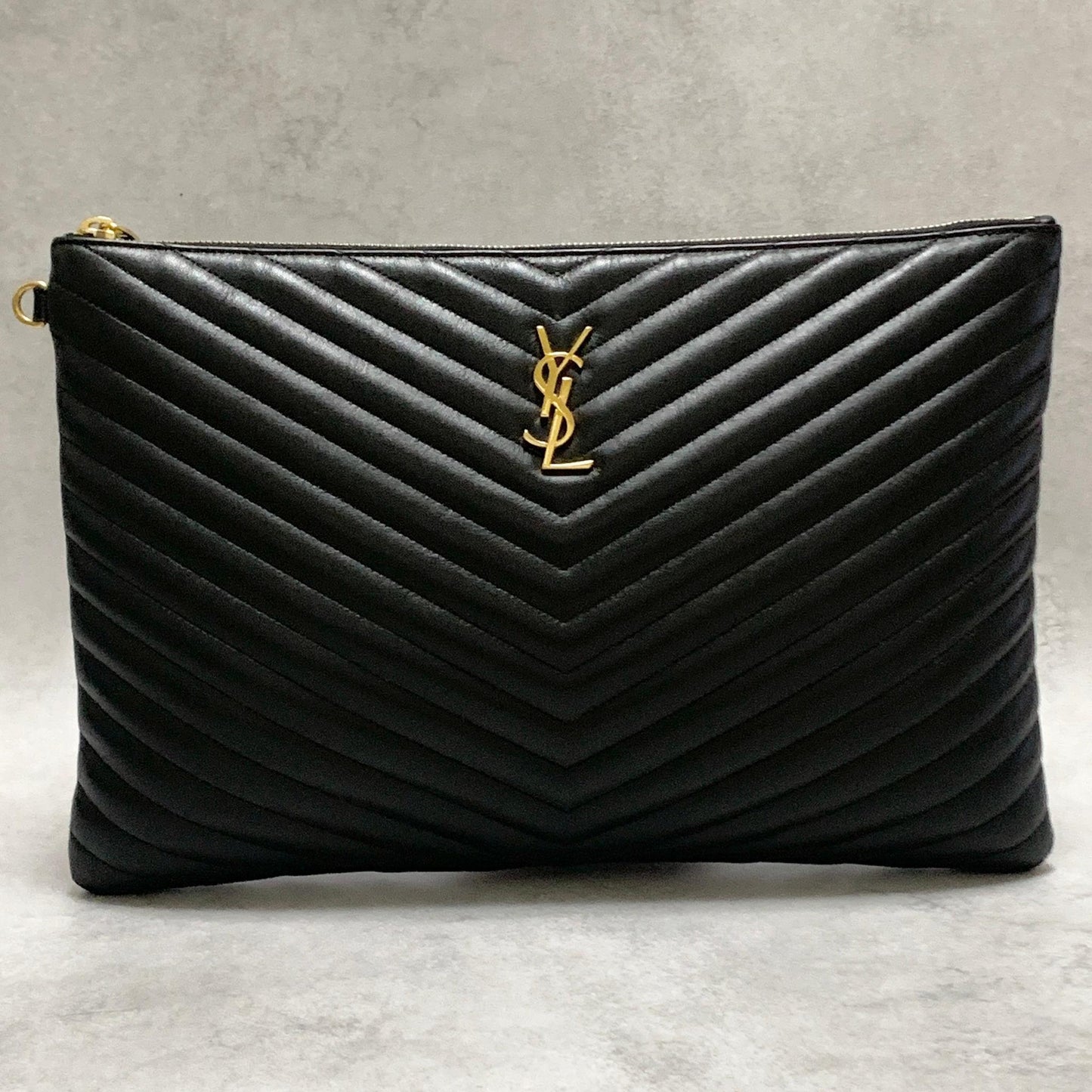 Saint Laurent Bag YSL Cassandra Quilted Clutch Purse Hand Black Leather Gold