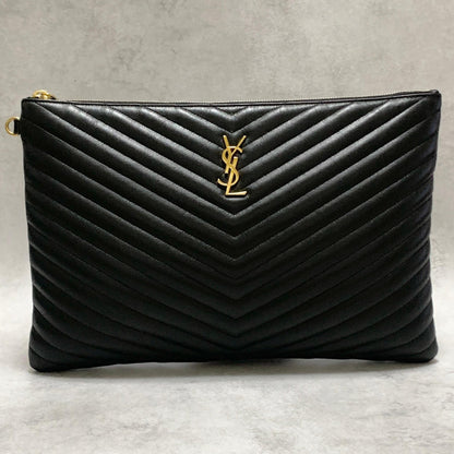 Saint Laurent Bag YSL Cassandra Quilted Clutch Purse Hand Black Leather Gold