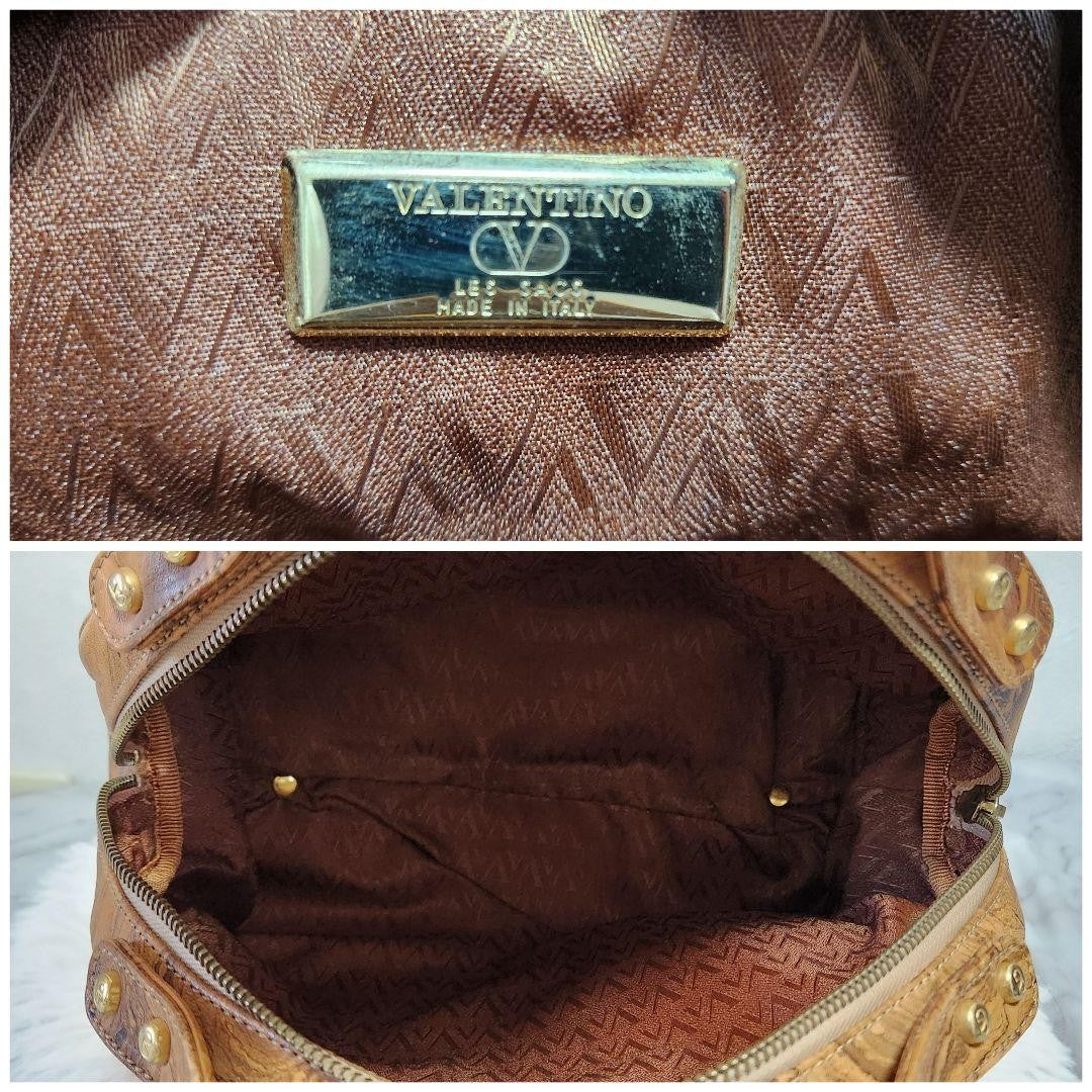 Valentino Hand Bag Tote Purse Logo Leather Brown Authentic