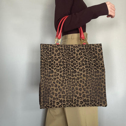FENDI Bag Leopard Hand Tote Purse Canvas Brown Leather Red Gold Authentic