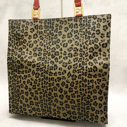 FENDI Bag Leopard Hand Tote Purse Canvas Brown Leather Red Gold Authentic