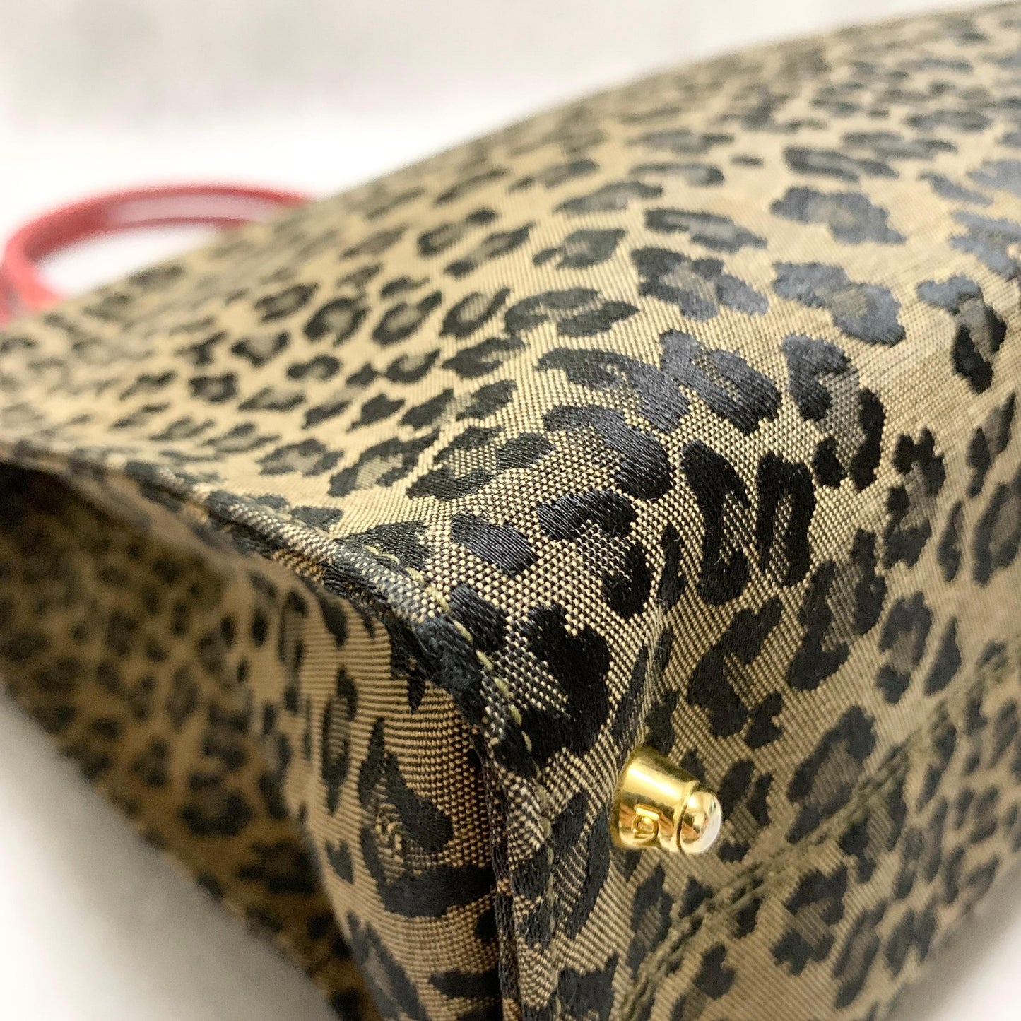 FENDI Bag Leopard Hand Tote Purse Canvas Brown Leather Red Gold Authentic