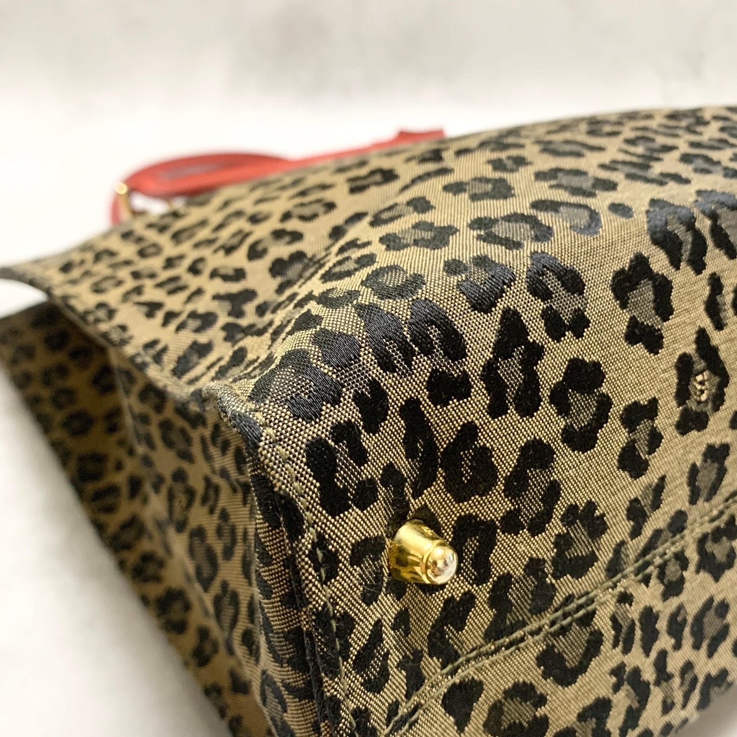FENDI Bag Leopard Hand Tote Purse Canvas Brown Leather Red Gold Authentic
