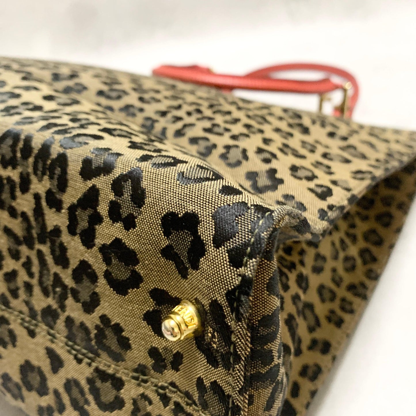 FENDI Bag Leopard Hand Tote Purse Canvas Brown Leather Red Gold Authentic