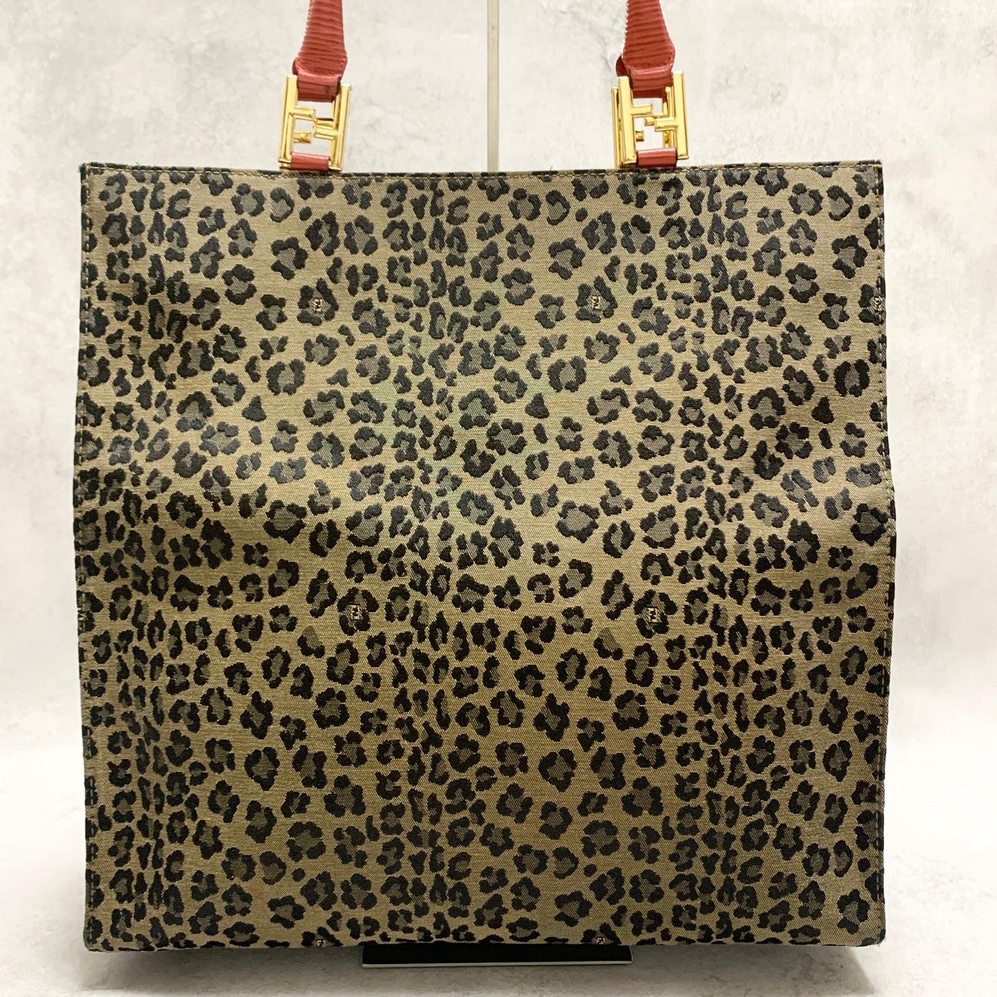 FENDI Bag Leopard Hand Tote Purse Canvas Brown Leather Red Gold Authentic