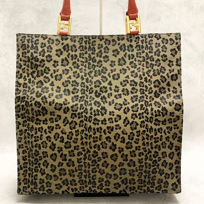 FENDI Bag Leopard Hand Tote Purse Canvas Brown Leather Red Gold Authentic