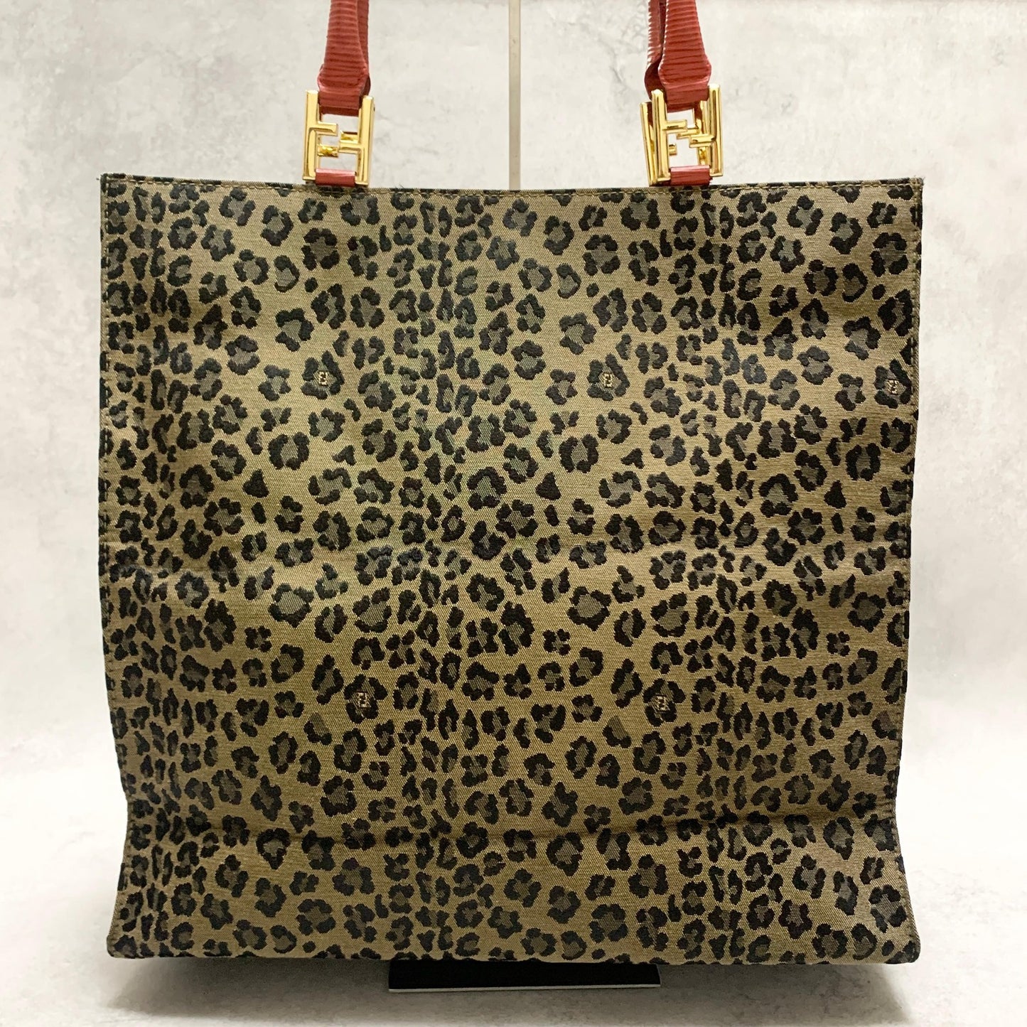 FENDI Bag Leopard Hand Tote Purse Canvas Brown Leather Red Gold Authentic