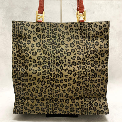 FENDI Bag Leopard Hand Tote Purse Canvas Brown Leather Red Gold Authentic