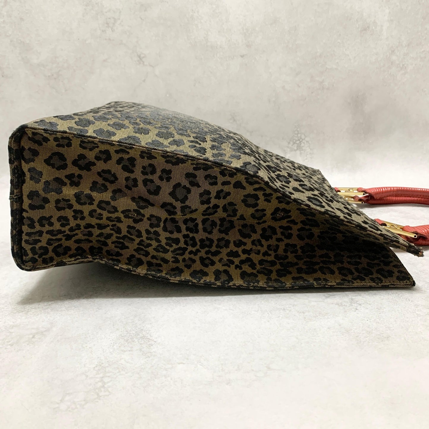 FENDI Bag Leopard Hand Tote Purse Canvas Brown Leather Red Gold Authentic