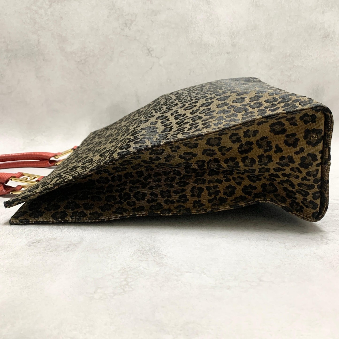 FENDI Bag Leopard Hand Tote Purse Canvas Brown Leather Red Gold Authentic