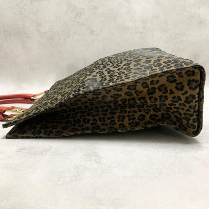 FENDI Bag Leopard Hand Tote Purse Canvas Brown Leather Red Gold Authentic