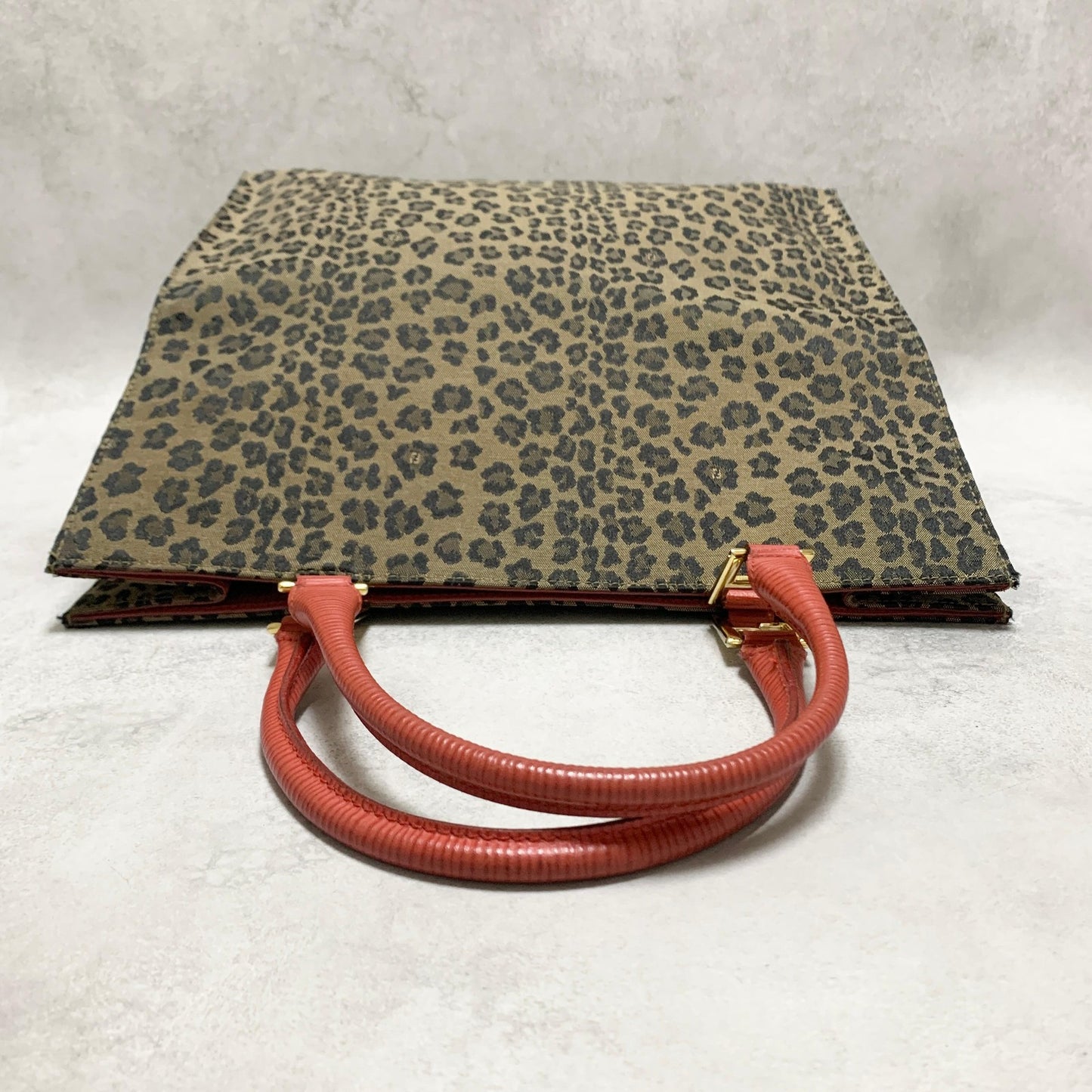 FENDI Bag Leopard Hand Tote Purse Canvas Brown Leather Red Gold Authentic