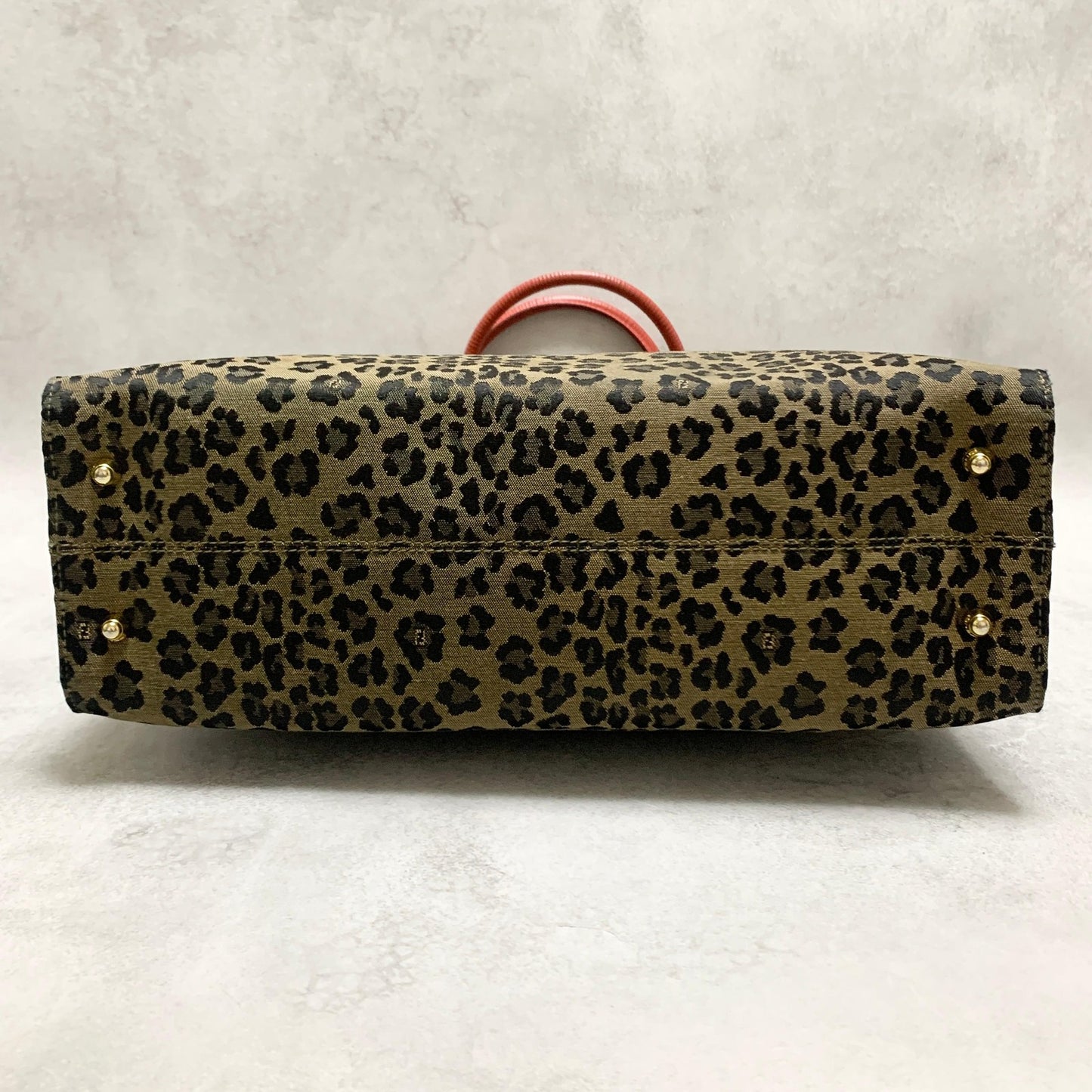 FENDI Bag Leopard Hand Tote Purse Canvas Brown Leather Red Gold Authentic