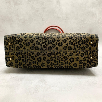 FENDI Bag Leopard Hand Tote Purse Canvas Brown Leather Red Gold Authentic