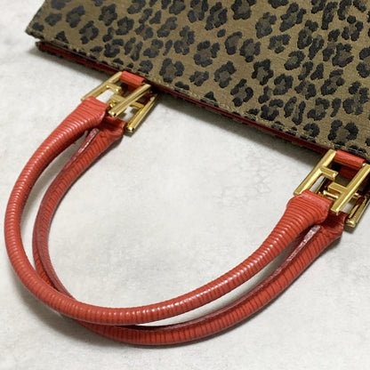 FENDI Bag Leopard Hand Tote Purse Canvas Brown Leather Red Gold Authentic