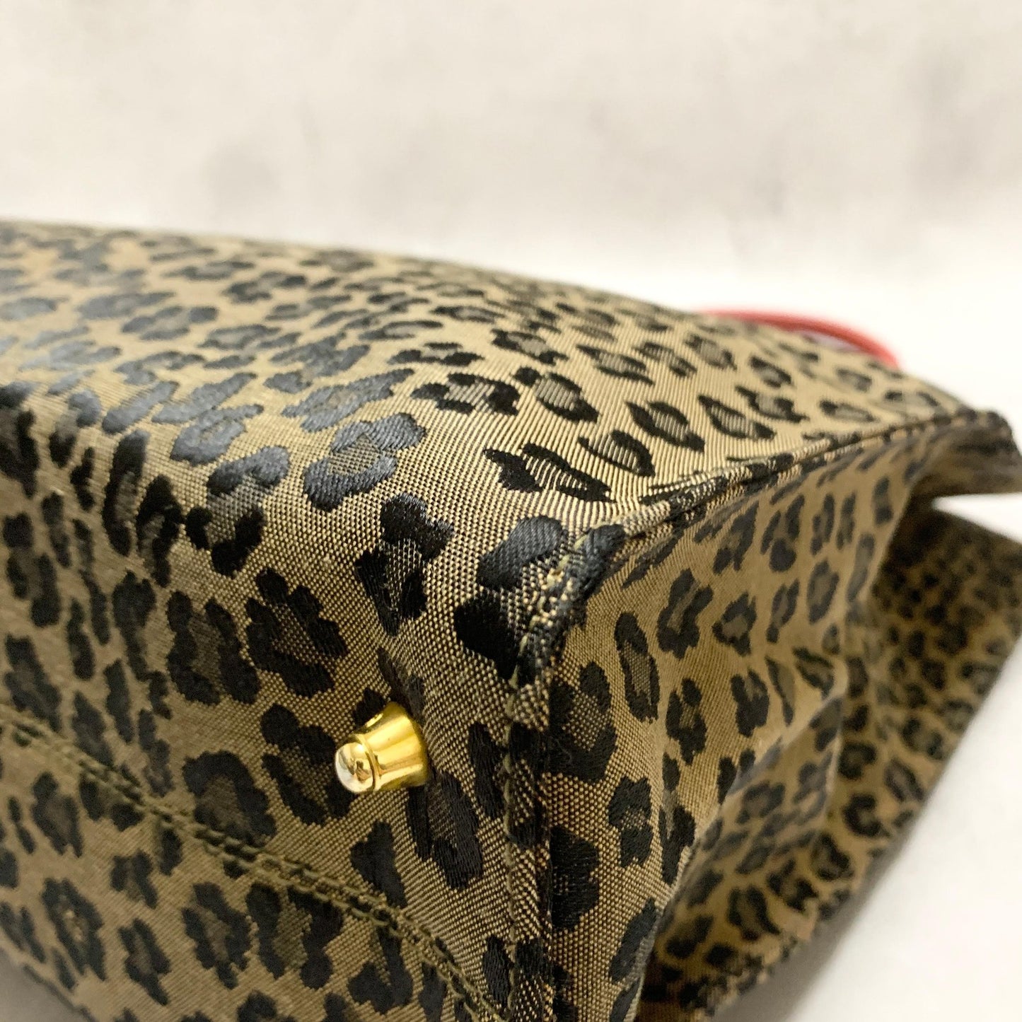 FENDI Bag Leopard Hand Tote Purse Canvas Brown Leather Red Gold Authentic