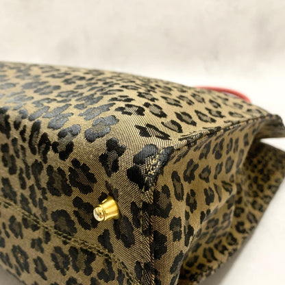 FENDI Bag Leopard Hand Tote Purse Canvas Brown Leather Red Gold Authentic