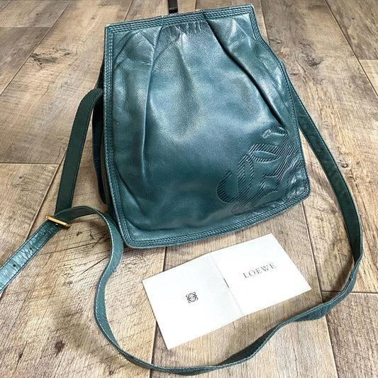 LOEWE Shoulder Bag Purse Anagram Leather Green Authentic