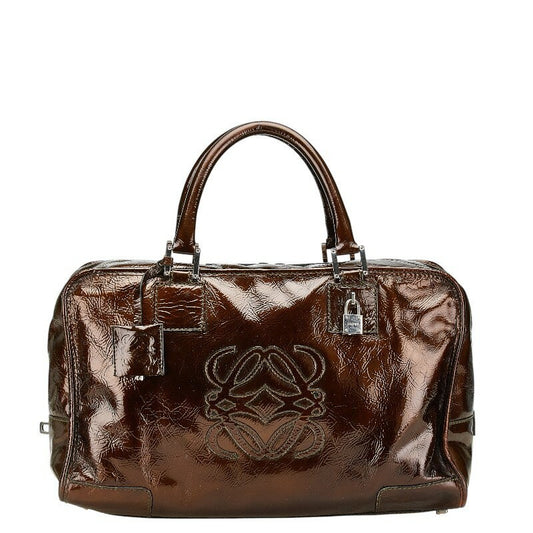 LOEWE Hand Bag Tote Purse Anagram Patent Leather Brown Authentic