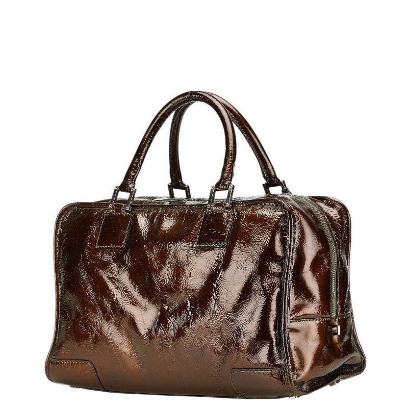 LOEWE Hand Bag Tote Purse Anagram Patent Leather Brown Authentic