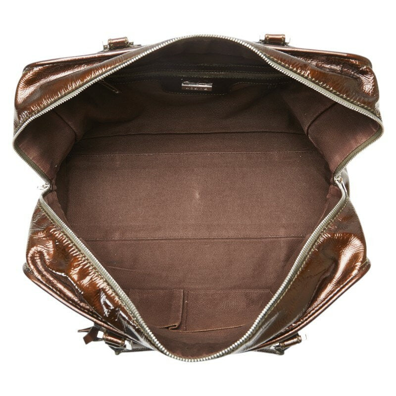 LOEWE Hand Bag Tote Purse Anagram Patent Leather Brown Authentic