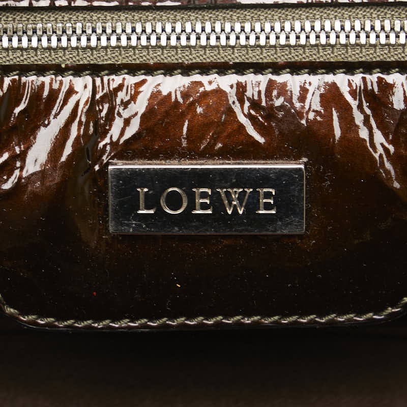 LOEWE Hand Bag Tote Purse Anagram Patent Leather Brown Authentic