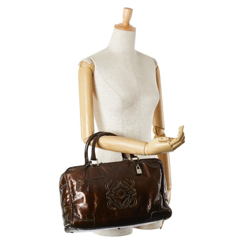 LOEWE Hand Bag Tote Purse Anagram Patent Leather Brown Authentic